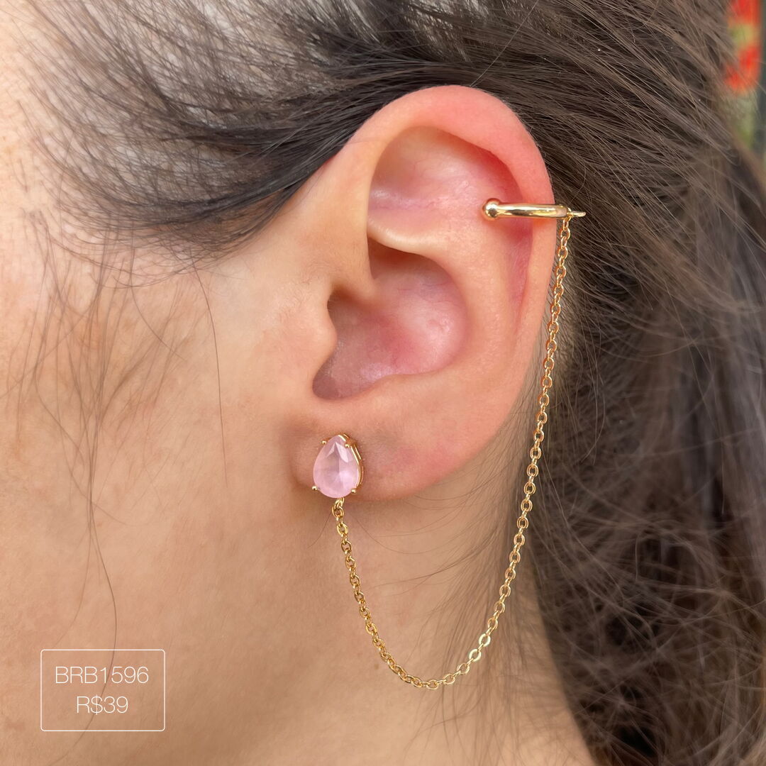 Brinco Gota Rosa + Piercing C/ Corrente Dourada